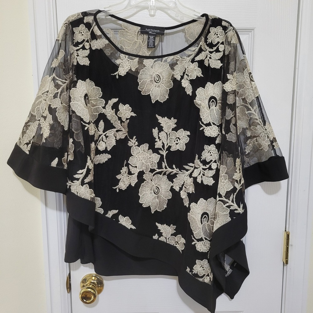 RM Richards Womens 18W Black Floral‎ Embroidered Poncho Overlay Blouse